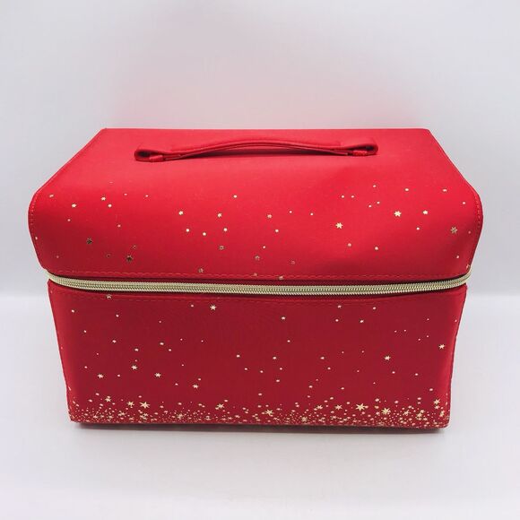 Estee Lauder Red w Gold Train Case Travel Bag Makeup Cosmetic Zipper with Handle - Picture 1 of 9